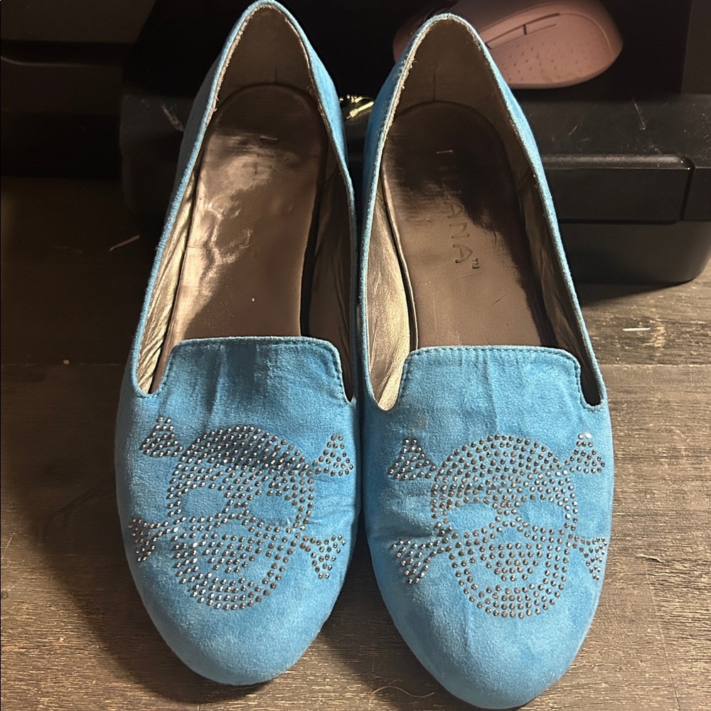 Liliana Blue Suede Loafers with Rhinestone Skull Accent - Womens 9